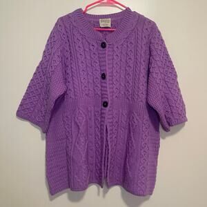 Kilronan Knitwear XXL Purple 100% Merino Wool Sweater Cardigan Ireland Fisherman